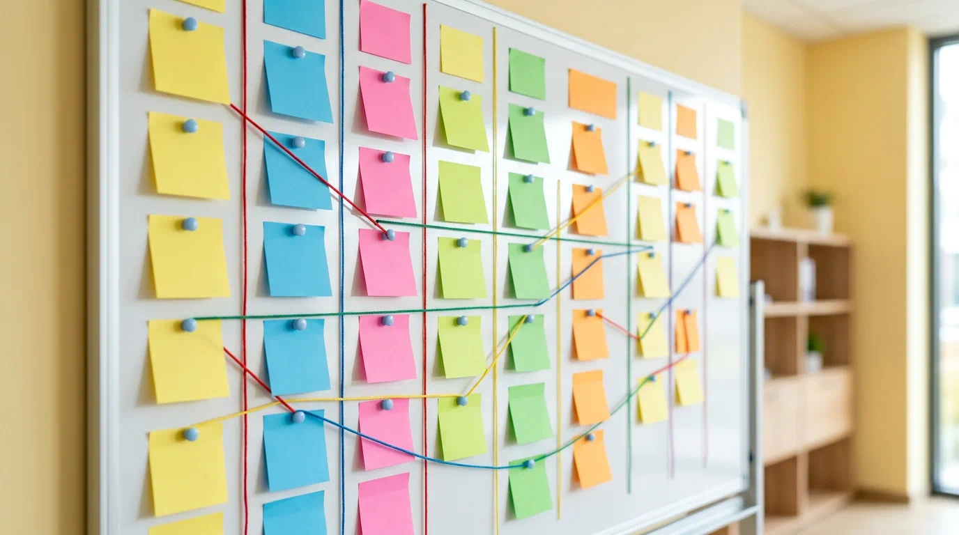 Tablica z karteczkami etapów programu edukacyjnego FirewoodCrack i kolorowymi nitkami powiązań, 1200×900 px